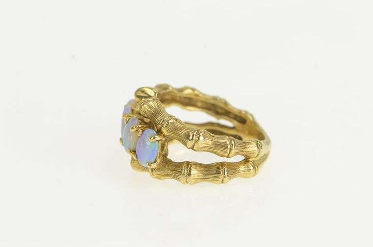 14K Yellow Gold 1960's Ornate Natural Opal Bamboo Statement Ring