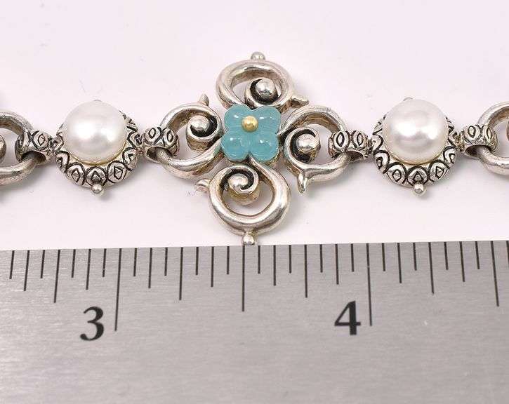 Pearl And Blue Gem Bracelet In Sterling Silver