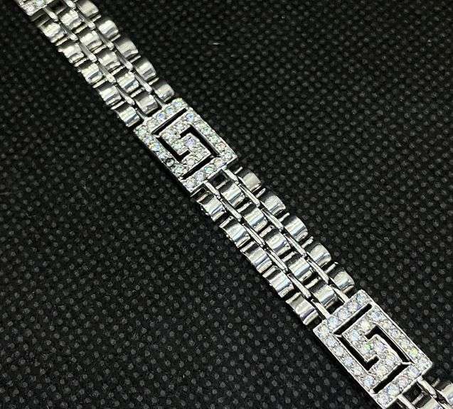 DESIGNER INSPIRED WATCH LINK 14K WHITE GOLD BRACELET WITH CUBIC ZIRCONIA