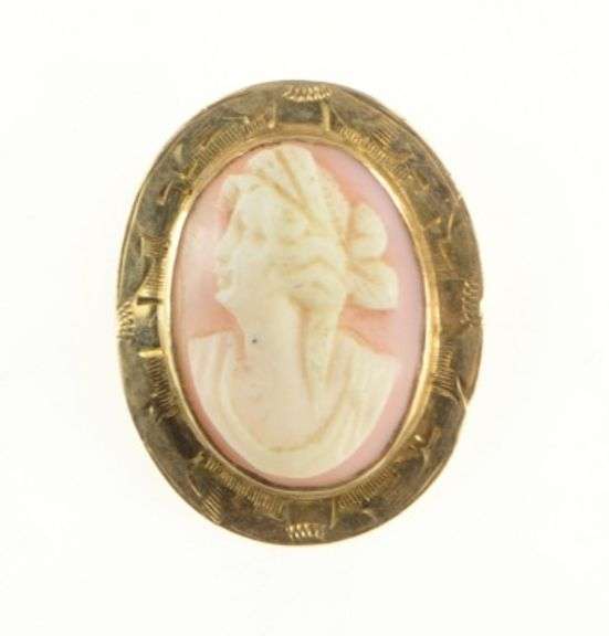 14K Yellow Gold Vintage Carved Coral Cameo Ornate Pin/Brooch