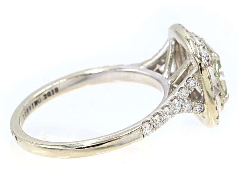 GIA Certified 1.55ct Grey-Green Yellow Cushion Diamond and 0.50ctw White Diamond Double Frame Engagement Ring in 14K