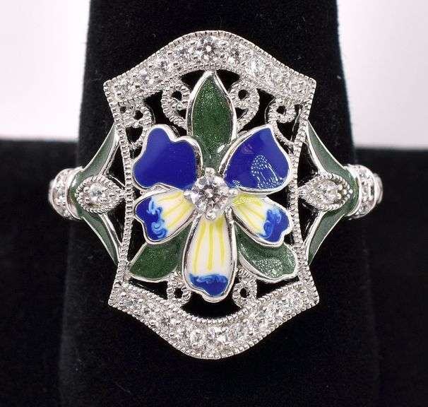 Enamel Flower With CZ Ring In Sterling Silver