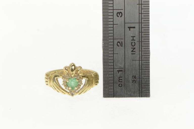 14K Yellow Gold Natural Emerald Diamond Claddagh Loyalty Ring