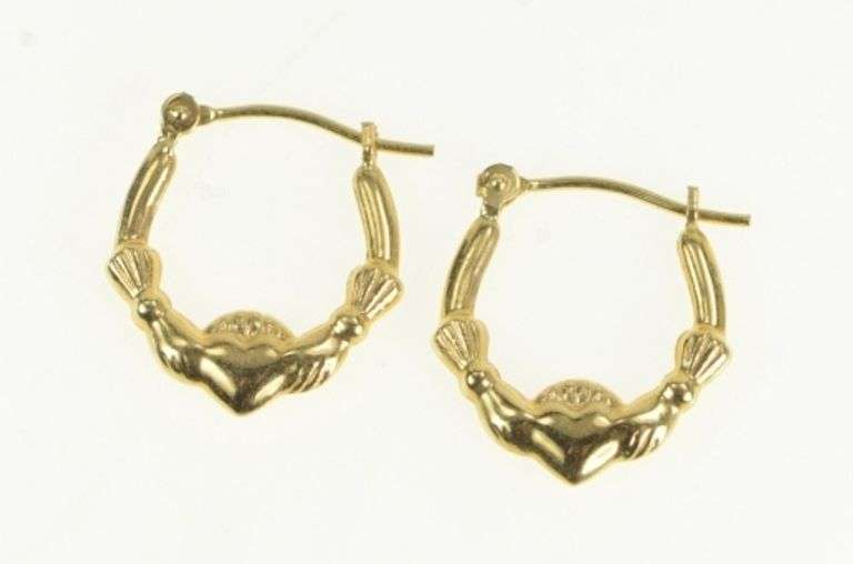 14K Yellow Gold 16.5mm Claddagh Heart Loyalty Symbol Hoop Earrings
