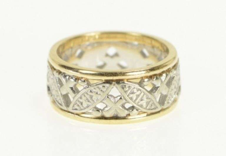 14K Yellow Gold 1940's Ornate 8.6mm Patterned Lattice Band Ring