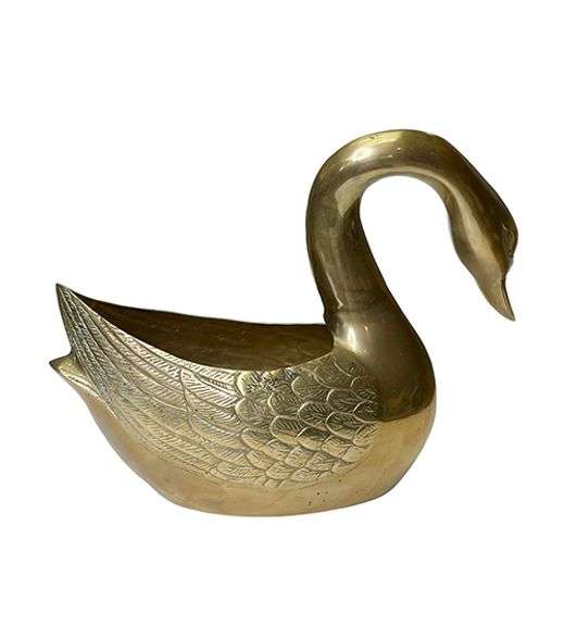 Vintage MCM Large Solid Brass Swan Planter With Curved Neck 17 Inch