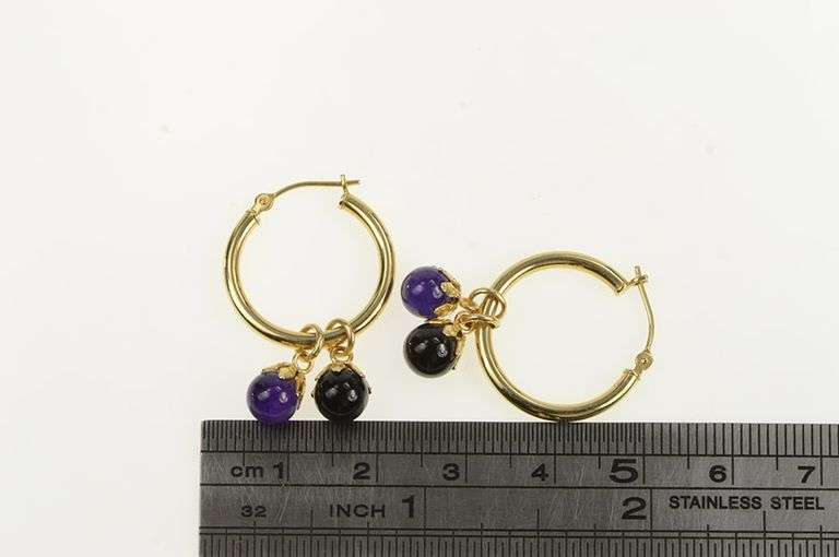 14K Yellow Gold Amethyst Black Onyx Fringe Statement Hoop Earrings