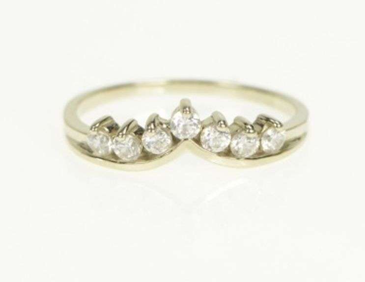 14K White Gold Chevron Contour Stackable Wedding Band CZ Ring