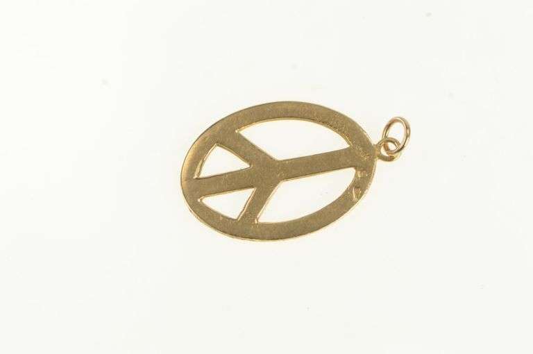 14K Yellow Gold Oval Textured Pattern Peace Symbol Charm/Pendant