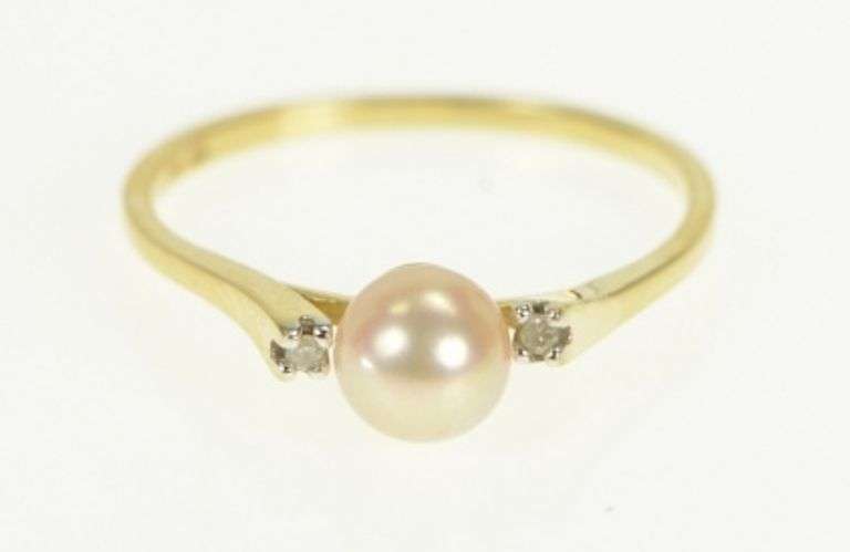 14K Yellow Gold Pearl Diamond Accent Vintage Classic Statement Ring
