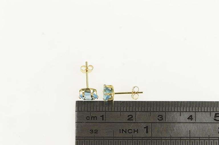14K Yellow Gold Marquise Blue Topaz Vintage Solitaire Stud Earrings