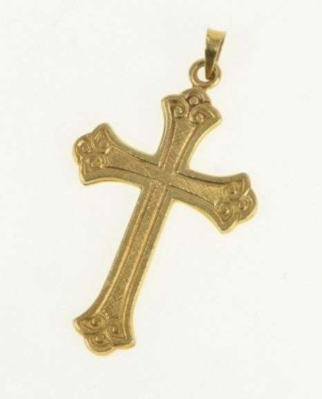 14K Yellow Gold Ornate Cross Scroll Design Faith Symbol Pendant