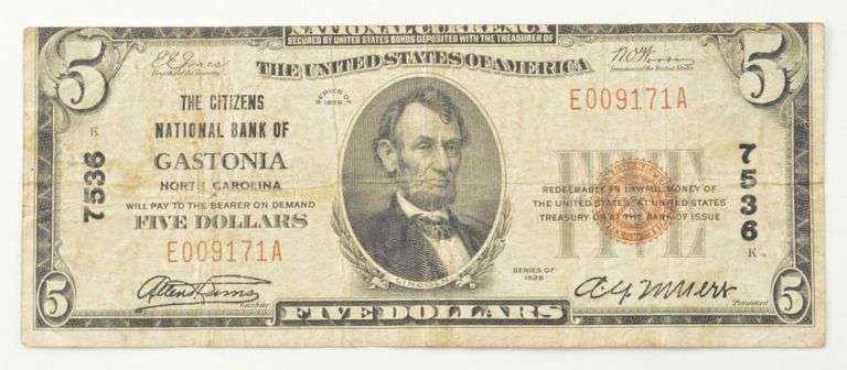 1929 $5 National Currency Gastonia, NC - United States Note - 7536