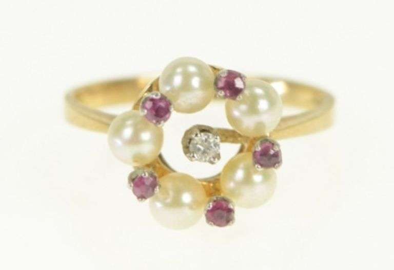 14K Yellow Gold Ruby Diamond Pearl Flower Cluster Statement Ring