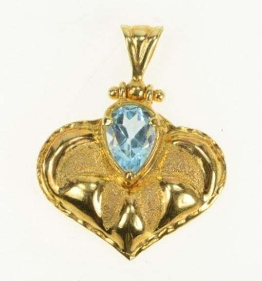 14K Yellow Gold Pear Blue Topaz Ornate Scalloped Heart Love Pendant