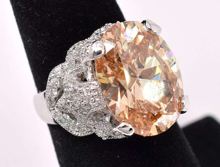 Large Orange CZ Ring In Sterling Silver