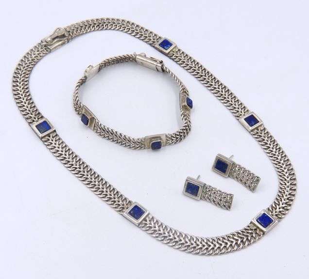 Set of Vintage 925 Sterling Silver Lapis Link Necklace and Matching Bracelet and Earrings