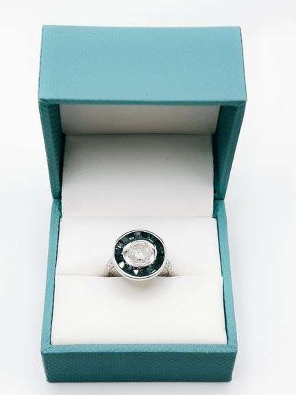 AMAZING 18KT SOLID WHITE GOLD, DIAMOND, & BLUE SAPPHIRE RING- HUGE 2.00 CARAT ROUND BRILLIANT CUT DIAMOND SOLITAIRE!