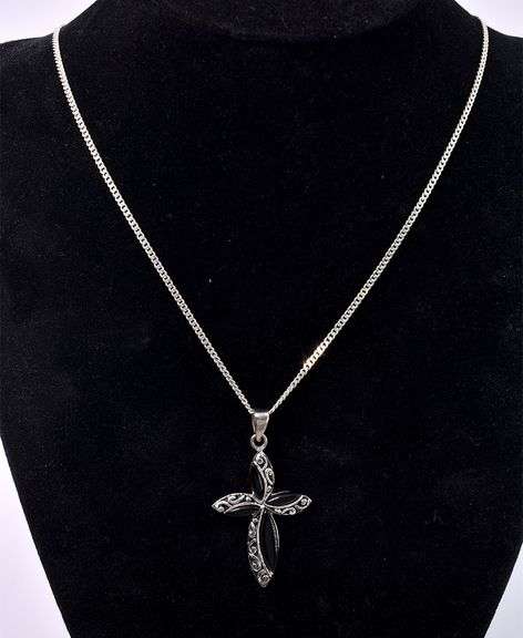 Black Onyx Gem Cross Pendant Necklace In Sterling Silver