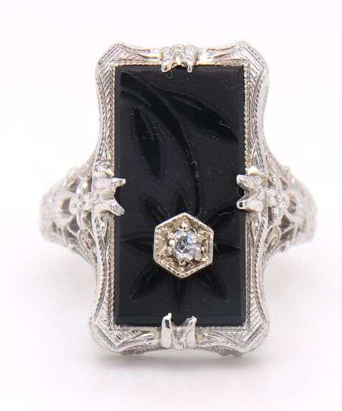 Antique White Gold Black Onyx and Diamond Flower Ring