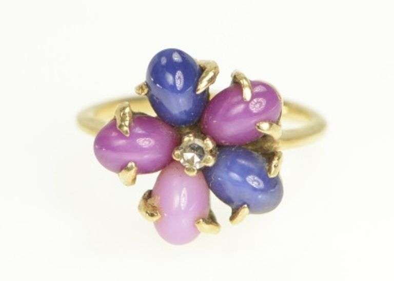 14K Yellow Gold 1960's Syn. Star Sapphire Diamond Cluster Ring