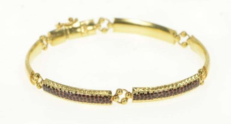 14K Yellow Gold Cheetah Leopard Enamel Curved Bar Link Bracelet