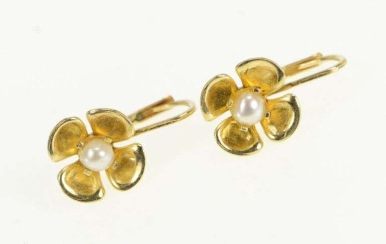 14K Yellow Gold Pearl Flower Blossom Dangle Lever Back Earrings