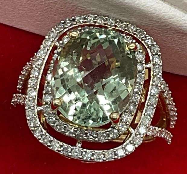CERTIFIED BRAND NEW 14K GOLD GREEN QUARTZ AND DIAMOND RING