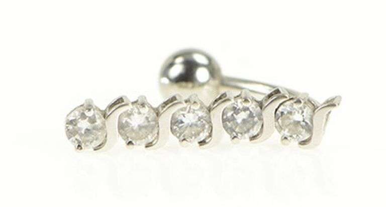 14K White Gold Five Stone CZ Dangle Belly Button Ring Body Jewelry