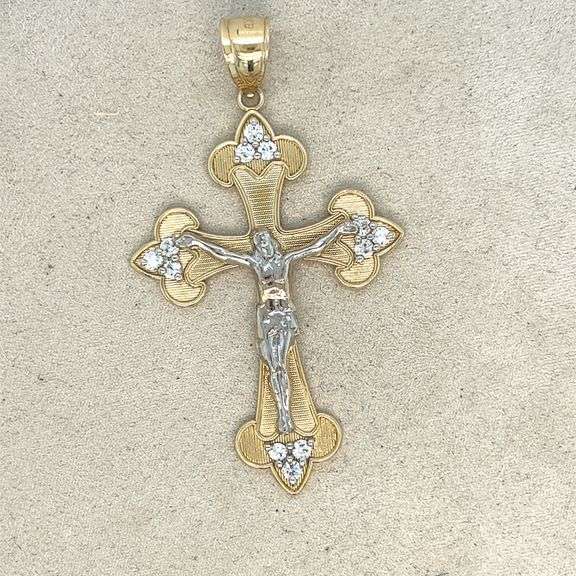 14K YELLOW AND WHITE GOLD CROSS PENDANT NECKLACE