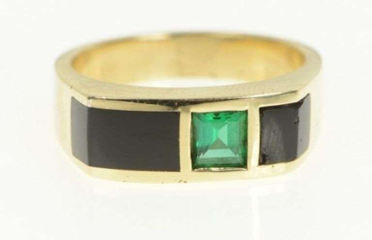 10K Yellow Gold Black Onyx Princess Syn. Emerald Squared Ring