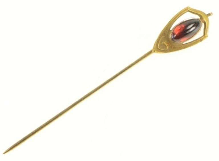 14K Yellow Gold Garnet Oval Cabochon Art Nouveau Vintage Stick Pin