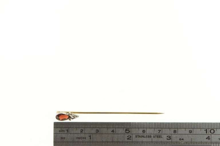 14K Yellow Gold Victorian Tear Drop Garnet Diamond Antique Stick Pin