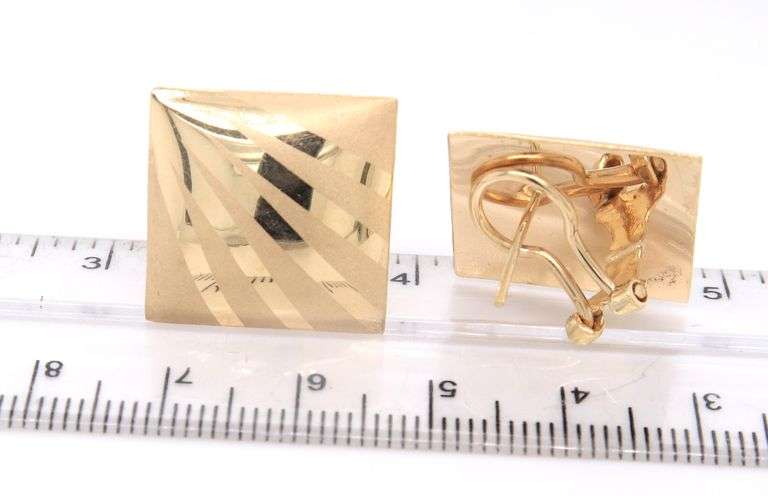 Fabulous Yellow Gold Satin & High Polished Stripped Square Earrings