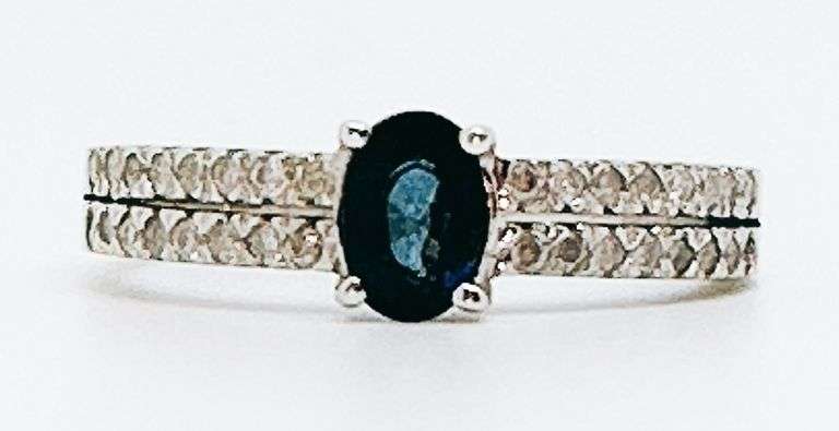 14kt Solid White Gold, Blue Sapphire, & Diamond Ring