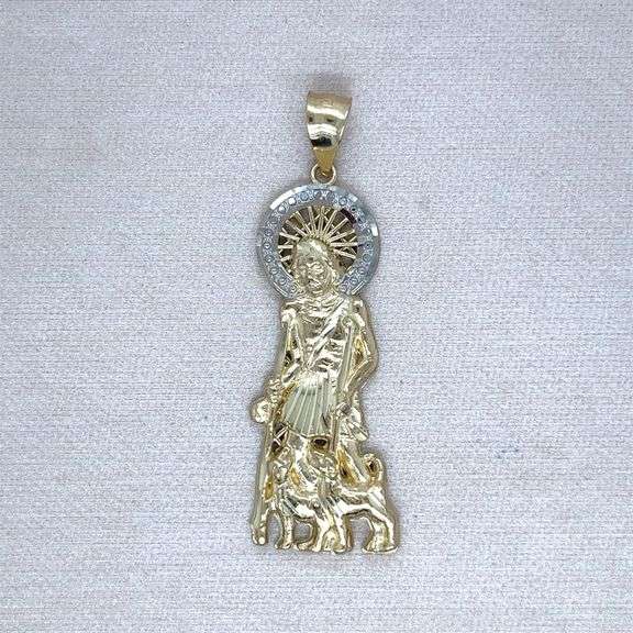 14K TWO- TONE GOLD SAINT LAZARUS CHARM NECKLACE ADORNED WITH CUBIC ZIRCONIA STONES.