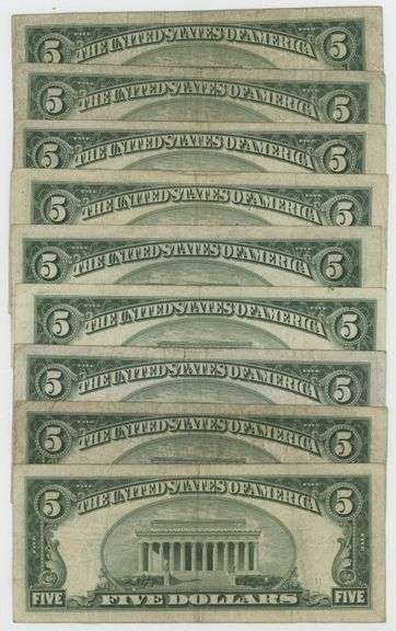 9 Assorted $5 Blue Seal Silver Certificates: 3 1934 & 6 1953