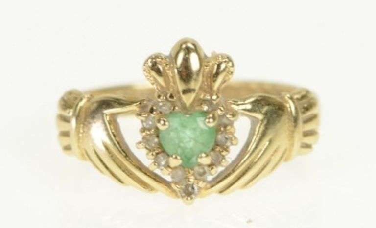 14K Yellow Gold Natural Emerald Diamond Claddagh Loyalty Ring