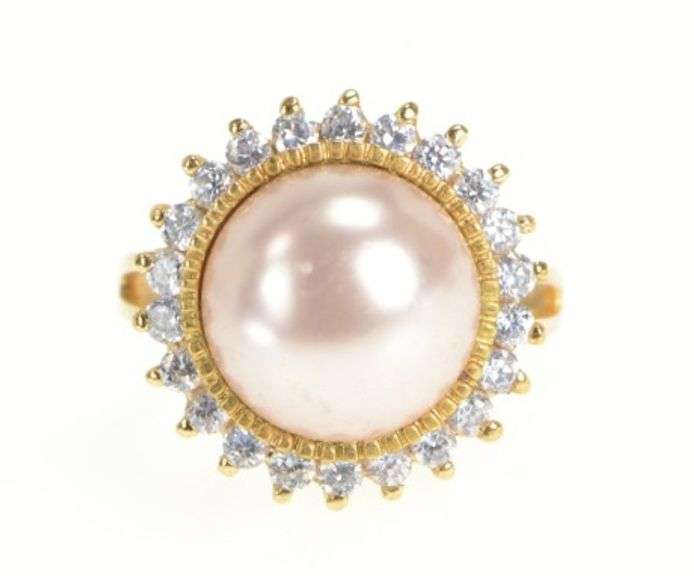 Sterling Silver Retro Pearl CZ Halo Cocktail Statement Ring