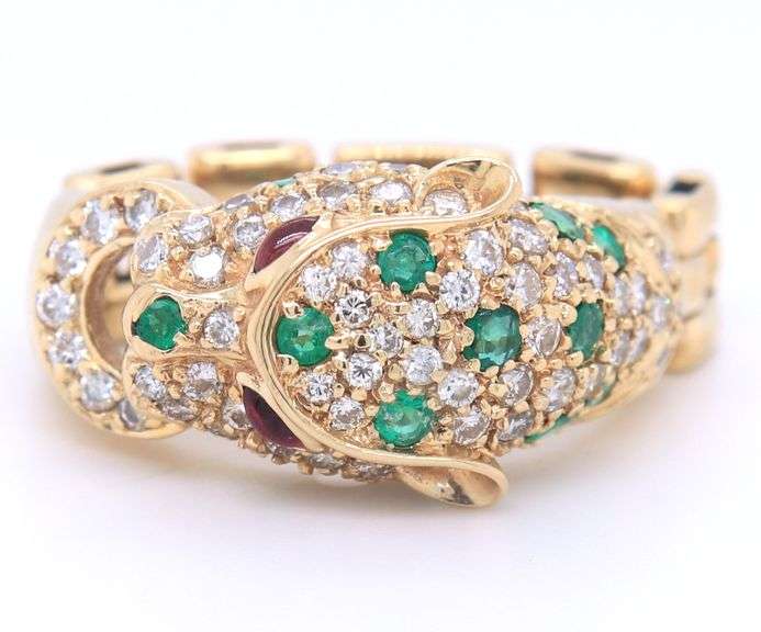 Charming Yellow Gold Emerald, Diamond and Ruby Panther Ring