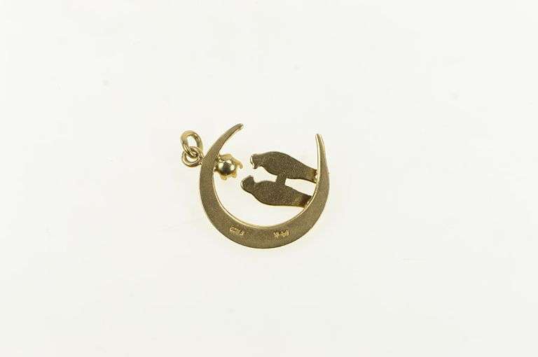 14K Yellow Gold Crescent Moon Love Bird Opal Ornate Pendant