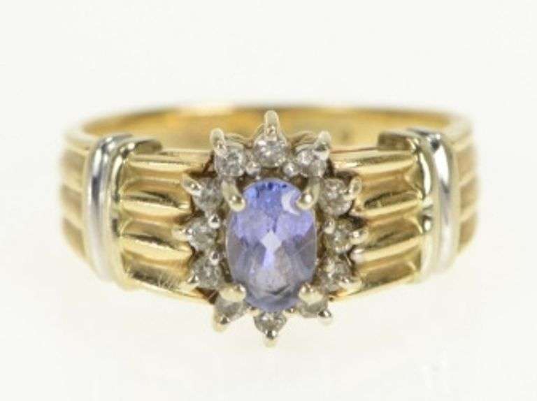 14K Yellow Gold Oval Tanzanite Diamond Halo Engagement Ring