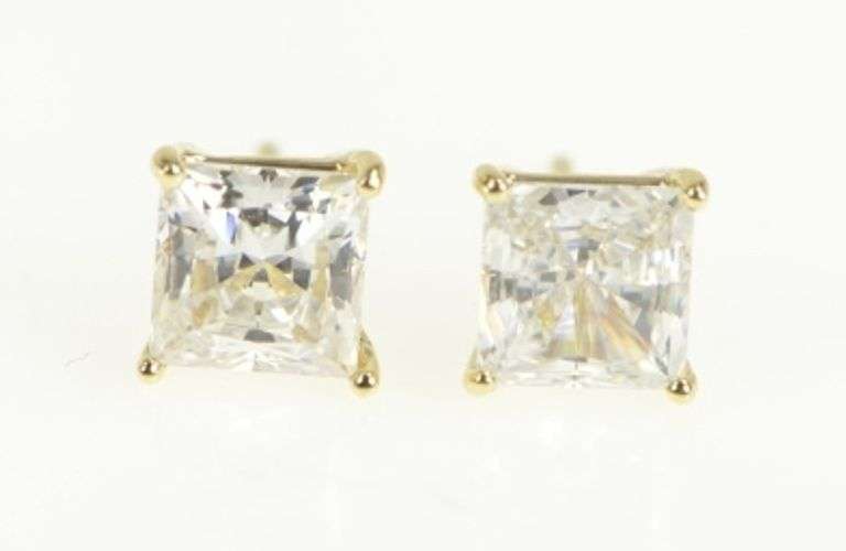 14K Yellow Gold Princess Solitaire Cubic Zirconia Vint. Stud Earrings
