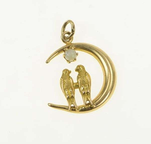 14K Yellow Gold Crescent Moon Love Bird Opal Ornate Pendant