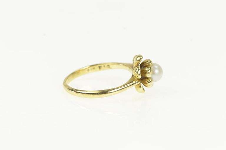 14K Yellow Gold Pearl Ornate Flower Blossom Retro Vintage Ring
