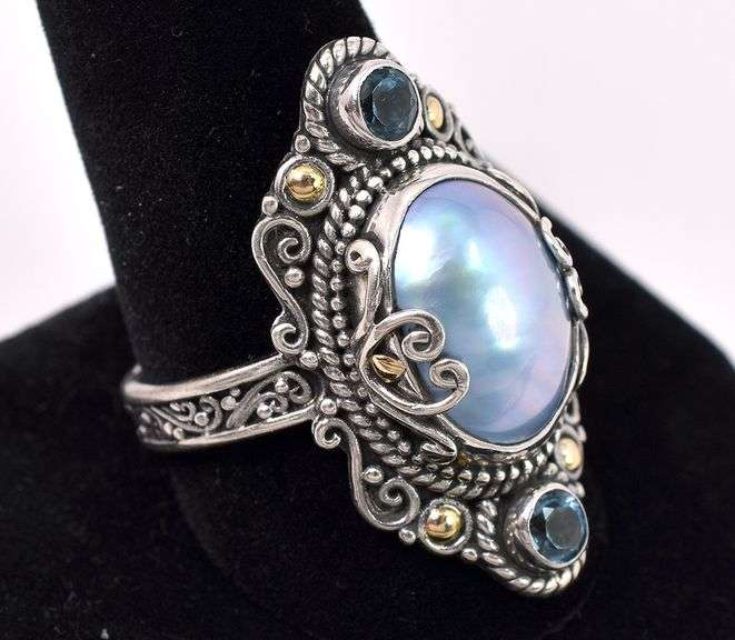 Pearl And Blue Topaz Ring In Sterling Silver