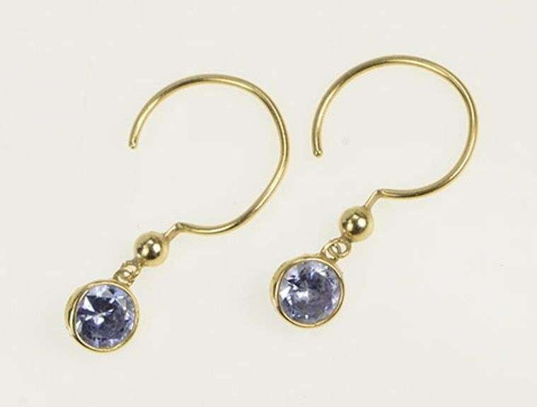 14K Yellow Gold Round Sim. Tanzanite Solitaire Dangle Hoop Earrings