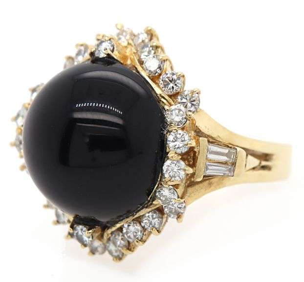 Black Onyx and 1.00ctw Baguette and Round Diamond Frame Ring in 18K