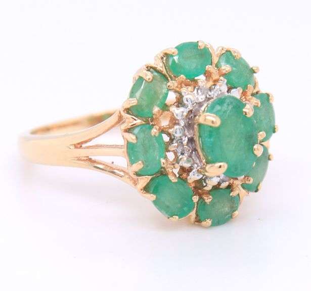 Pleasing Yellow Gold Emerald and Emerald Halo with Diamond Halo Ring