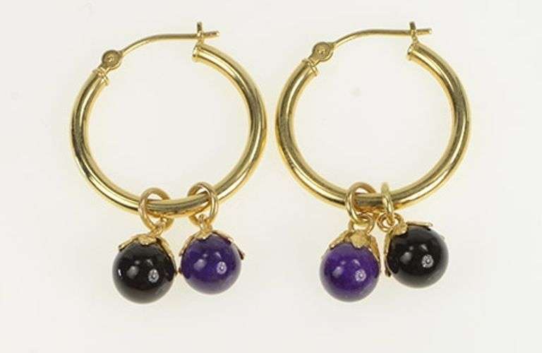 14K Yellow Gold Amethyst Black Onyx Fringe Statement Hoop Earrings